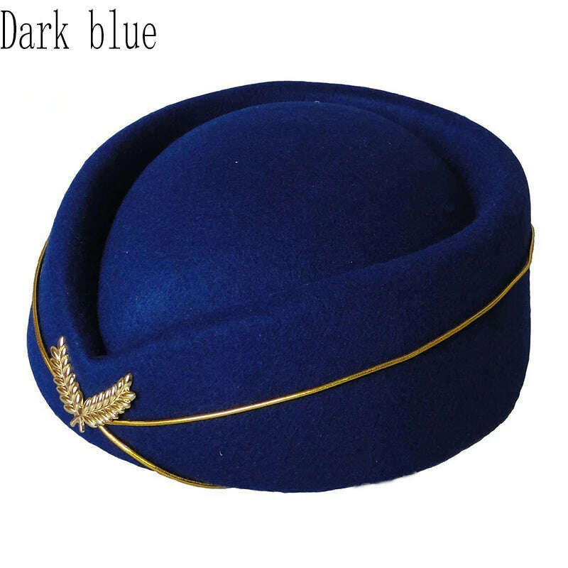 KIMLUD, Women Imitation Felt Cap Ladies Pillbox Hats with Gold insignia Solid Beret Stewardess Air Hostesses Hat Base Sweet Fedoras, Dark blue / 56-58cm, KIMLUD Womens Clothes