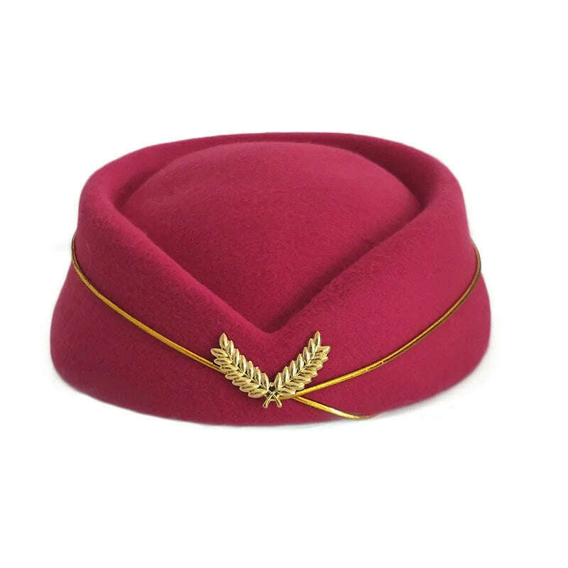 KIMLUD, Women Imitation Felt Cap Ladies Pillbox Hats with Gold insignia Solid Beret Stewardess Air Hostesses Hat Base Sweet Fedoras, Dark Hot pink / 56-58cm, KIMLUD Womens Clothes