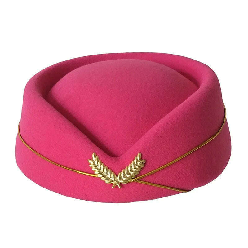 KIMLUD, Women Imitation Felt Cap Ladies Pillbox Hats with Gold insignia Solid Beret Stewardess Air Hostesses Hat Base Sweet Fedoras, Hot pink / 56-58cm, KIMLUD Womens Clothes