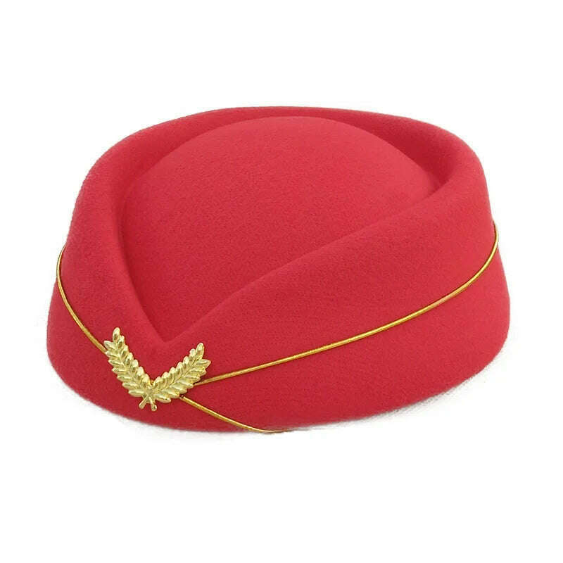 KIMLUD, Women Imitation Felt Cap Ladies Pillbox Hats with Gold insignia Solid Beret Stewardess Air Hostesses Hat Base Sweet Fedoras, Red / 56-58cm, KIMLUD Womens Clothes
