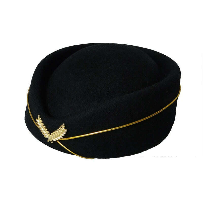 KIMLUD, Women Imitation Felt Cap Ladies Pillbox Hats with Gold insignia Solid Beret Stewardess Air Hostesses Hat Base Sweet Fedoras, Black / 56-58cm, KIMLUD Womens Clothes