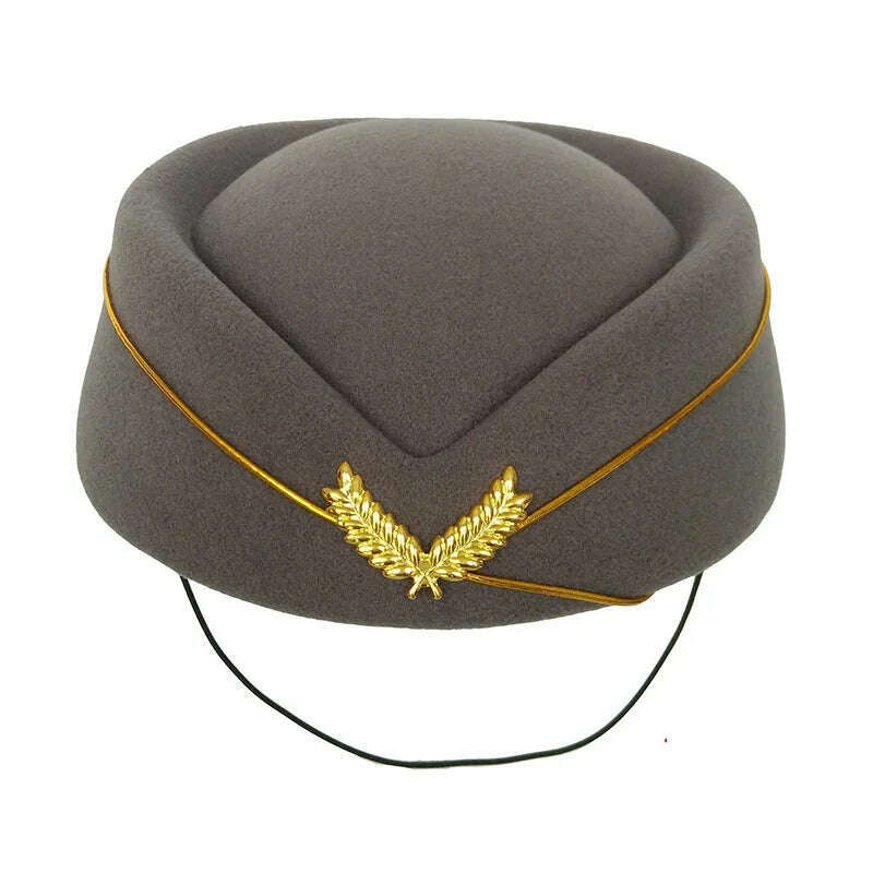 KIMLUD, Women Imitation Felt Cap Ladies Pillbox Hats with Gold insignia Solid Beret Stewardess Air Hostesses Hat Base Sweet Fedoras, Gray / 56-58cm, KIMLUD Womens Clothes