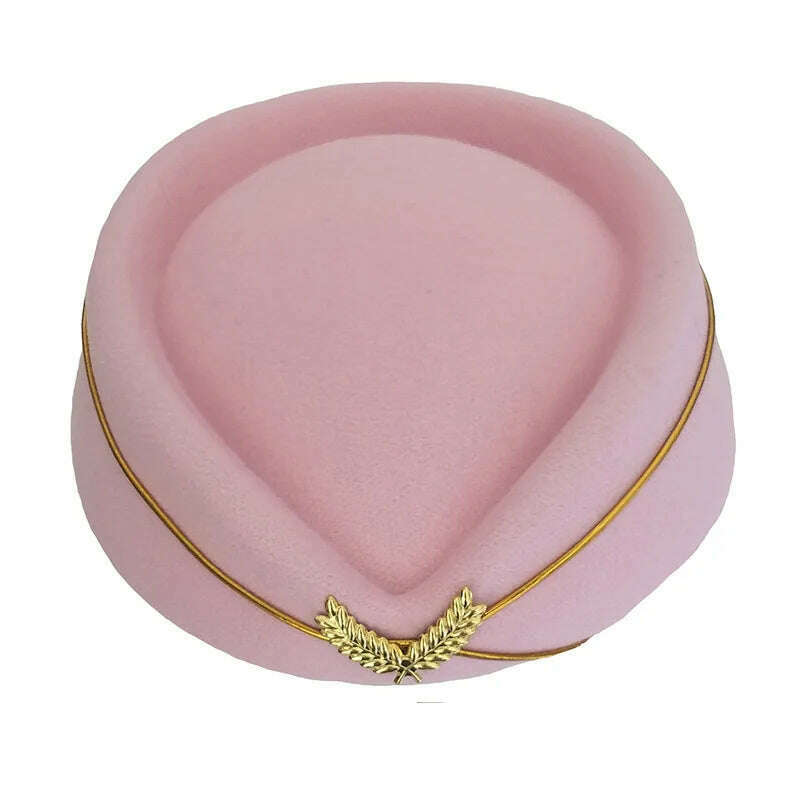 KIMLUD, Women Imitation Felt Cap Ladies Pillbox Hats with Gold insignia Solid Beret Stewardess Air Hostesses Hat Base Sweet Fedoras, Pink / 56-58cm, KIMLUD Womens Clothes
