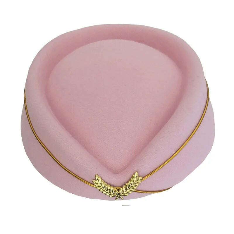 Women Imitation Felt Cap Ladies Pillbox Hats with Gold insignia Solid Beret Stewardess Air Hostesses Hat Base Sweet Fedoras - KIMLUD