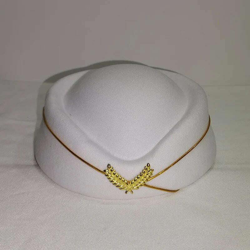 KIMLUD, Women Imitation Felt Cap Ladies Pillbox Hats with Gold insignia Solid Beret Stewardess Air Hostesses Hat Base Sweet Fedoras, White / 56-58cm, KIMLUD Womens Clothes