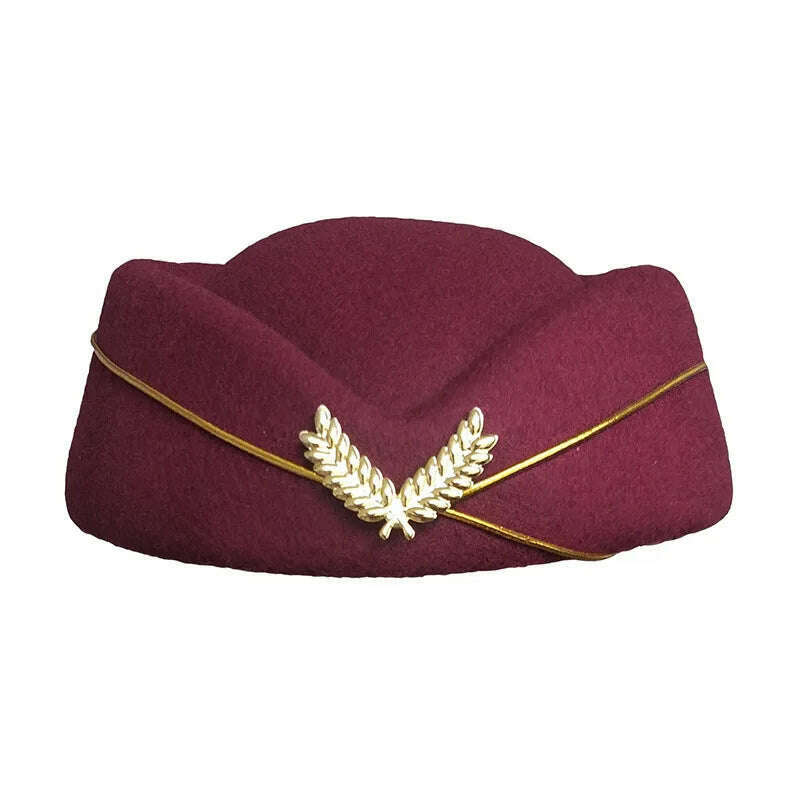 KIMLUD, Women Imitation Felt Cap Ladies Pillbox Hats with Gold insignia Solid Beret Stewardess Air Hostesses Hat Base Sweet Fedoras, Bungundy / 56-58cm, KIMLUD Womens Clothes