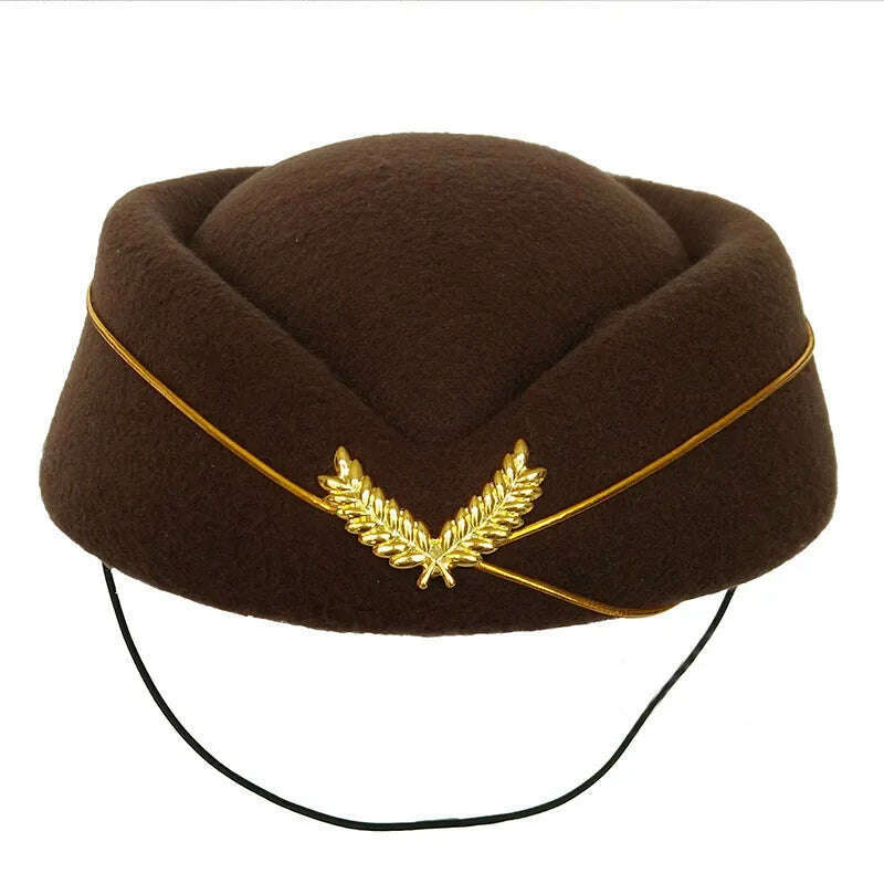 KIMLUD, Women Imitation Felt Cap Ladies Pillbox Hats with Gold insignia Solid Beret Stewardess Air Hostesses Hat Base Sweet Fedoras, Coffee / 56-58cm, KIMLUD Womens Clothes