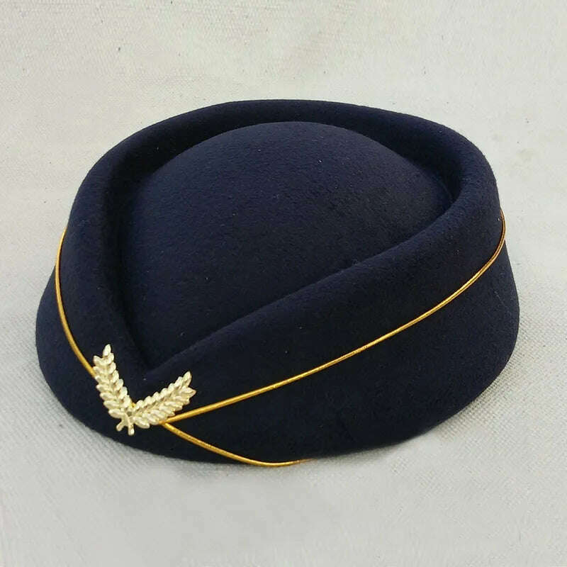 KIMLUD, Women Imitation Felt Cap Ladies Pillbox Hats with Gold insignia Solid Beret Stewardess Air Hostesses Hat Base Sweet Fedoras, Navy / 56-58cm, KIMLUD Womens Clothes