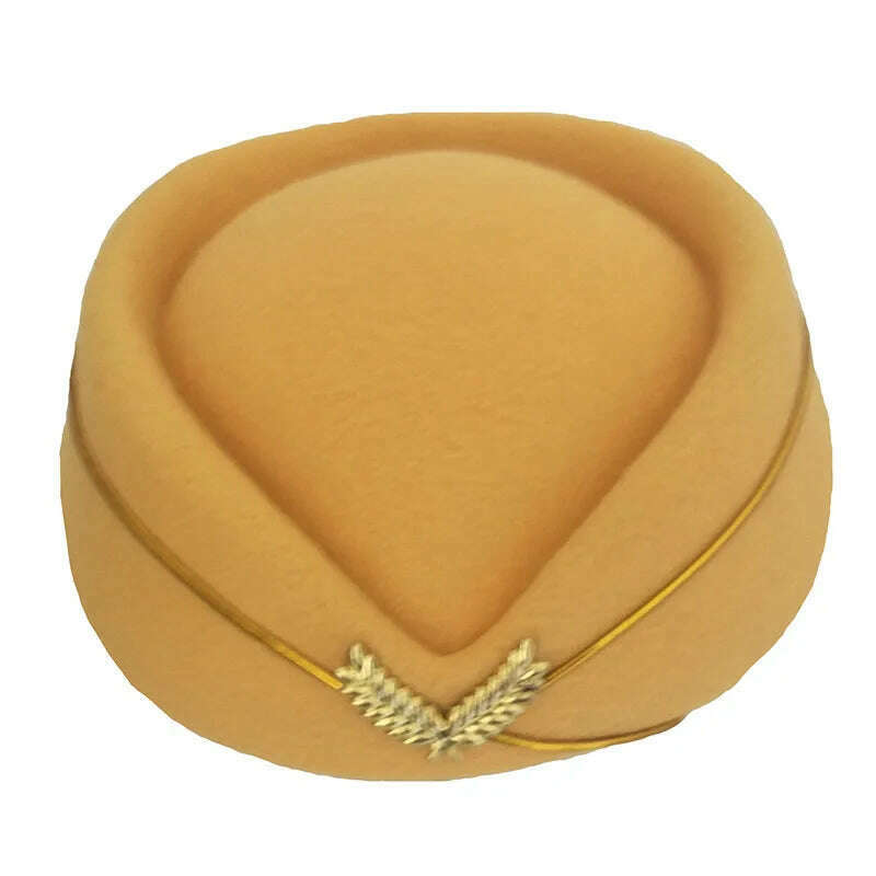 KIMLUD, Women Imitation Felt Cap Ladies Pillbox Hats with Gold insignia Solid Beret Stewardess Air Hostesses Hat Base Sweet Fedoras, Yellow / 56-58cm, KIMLUD Womens Clothes
