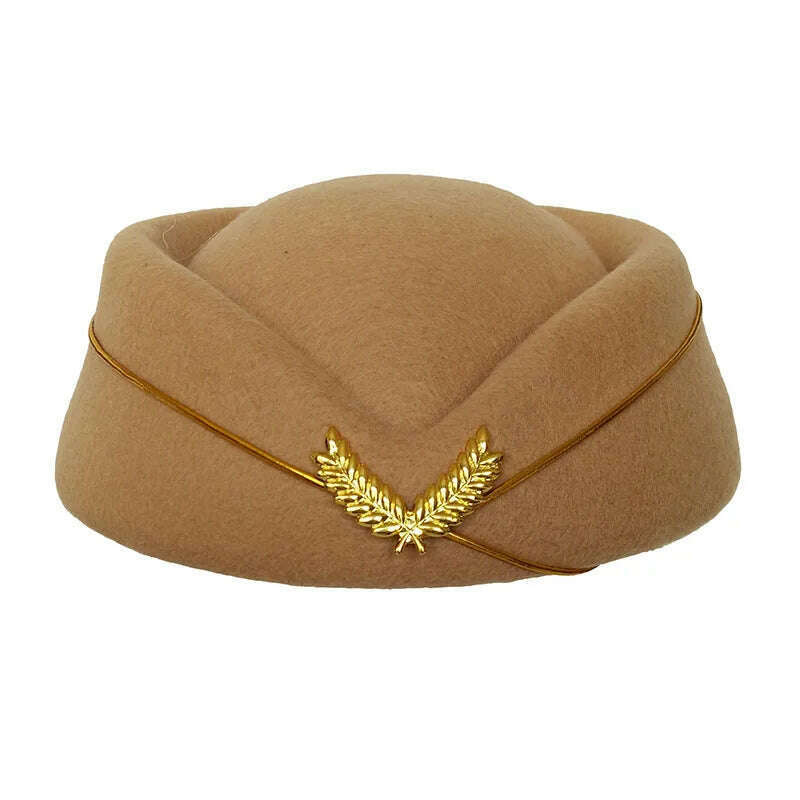 KIMLUD, Women Imitation Felt Cap Ladies Pillbox Hats with Gold insignia Solid Beret Stewardess Air Hostesses Hat Base Sweet Fedoras, Camel / 56-58cm, KIMLUD Womens Clothes