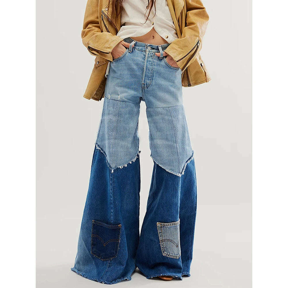KIMLUD, Women Jeans High Wasit Plus Size Casual Denim Patchwork Colorblock Pocket Wide Leg Jeans Spring Female Trousers Pant 2024, Blue / M, KIMLUD Womens Clothes