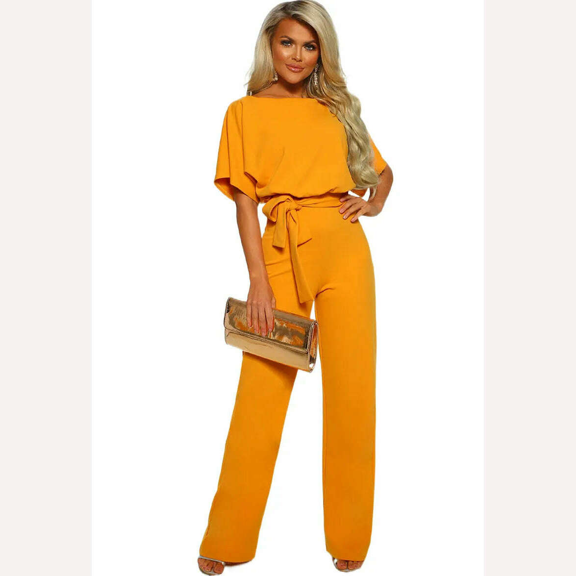 KIMLUD, Women Jumpsuit Elegant Short Sleeve Hollowed Waist Tie Solid Summer Wide Leg Pants Bodysuit Overalls Wide Leg Cropped Pants, Yellow / M, KIMLUD Womens Clothes