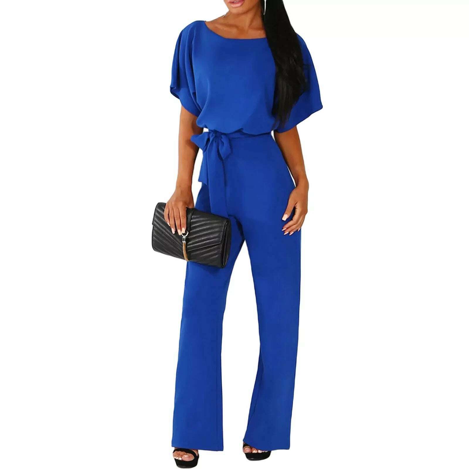 KIMLUD, Women Jumpsuit Elegant Short Sleeve Hollowed Waist Tie Solid Summer Wide Leg Pants Bodysuit Overalls Wide Leg Cropped Pants, royal blue / L, KIMLUD Womens Clothes