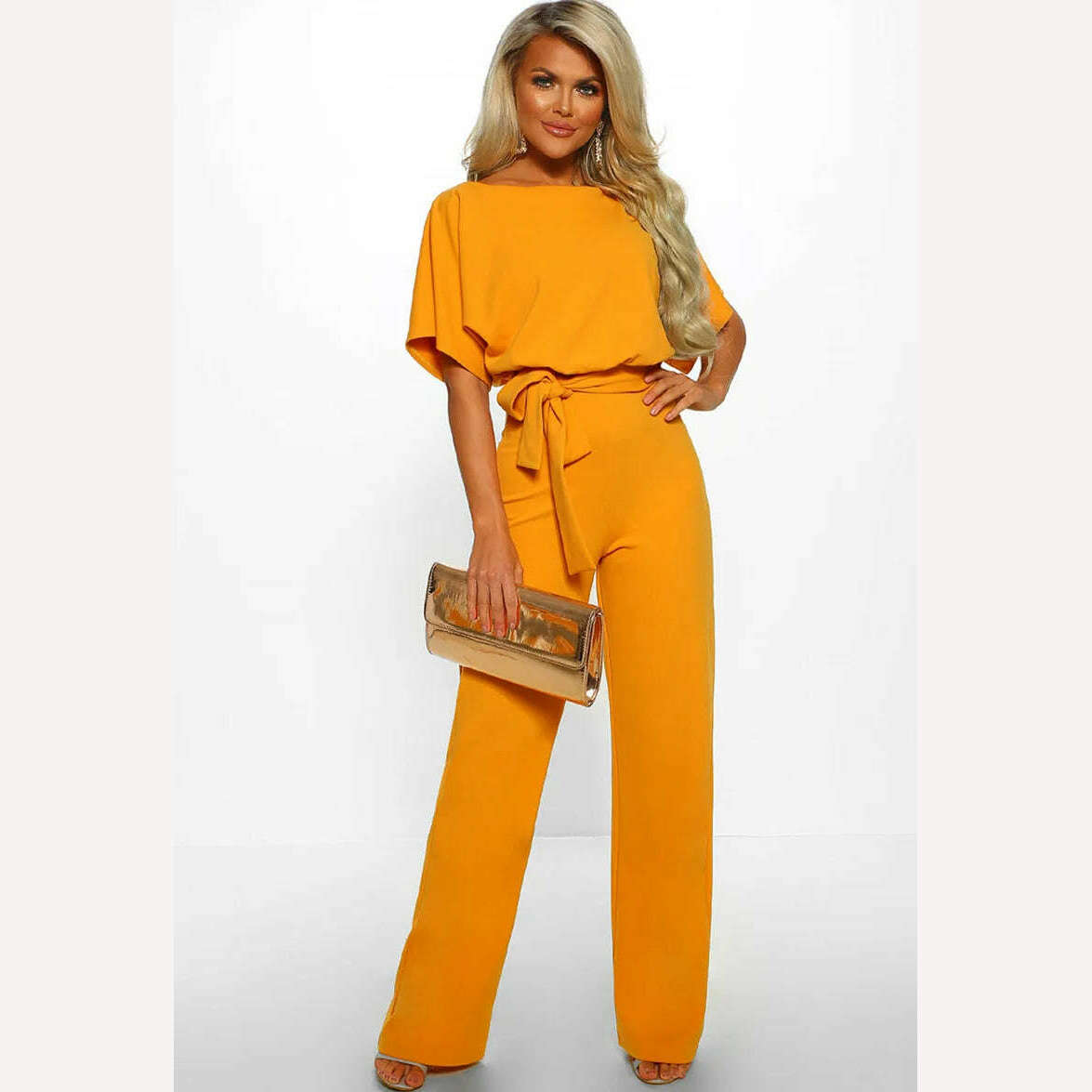 KIMLUD, Women Jumpsuit Elegant Short Sleeve Hollowed Waist Tie Solid Summer Wide Leg Pants Bodysuit Overalls Wide Leg Cropped Pants, KIMLUD Womens Clothes