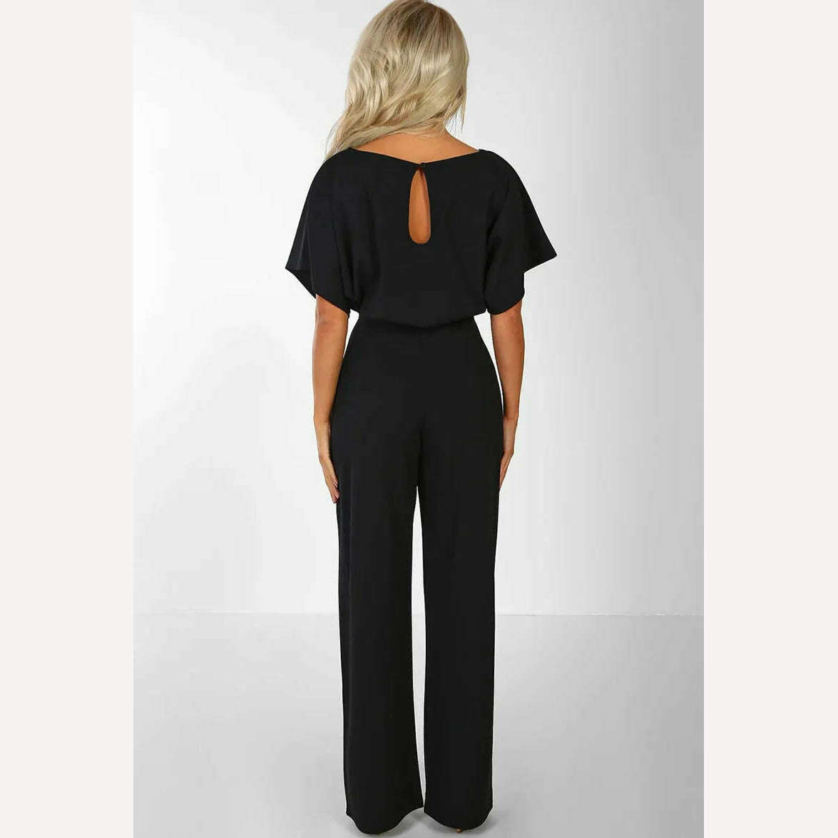 Women Jumpsuit Elegant Short Sleeve Hollowed Waist Tie Solid Summer Wide Leg Pants Bodysuit Overalls Wide Leg Cropped Pants - KIMLUD