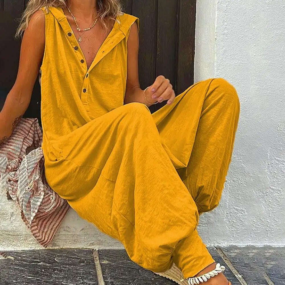 Women Jumpsuit Sleeveless Button Closure Hooded Playsuit Solid Color Loose Summer Jumpsuit Cotton Blend Lady Hooded Jumpsuit - KIMLUD