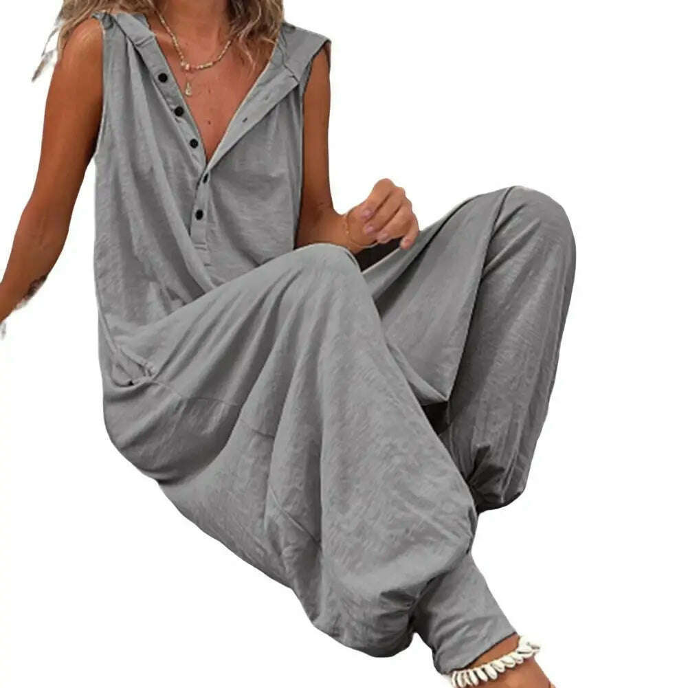 Women Jumpsuit Sleeveless Button Closure Hooded Playsuit Solid Color Loose Summer Jumpsuit Cotton Blend Lady Hooded Jumpsuit - KIMLUD