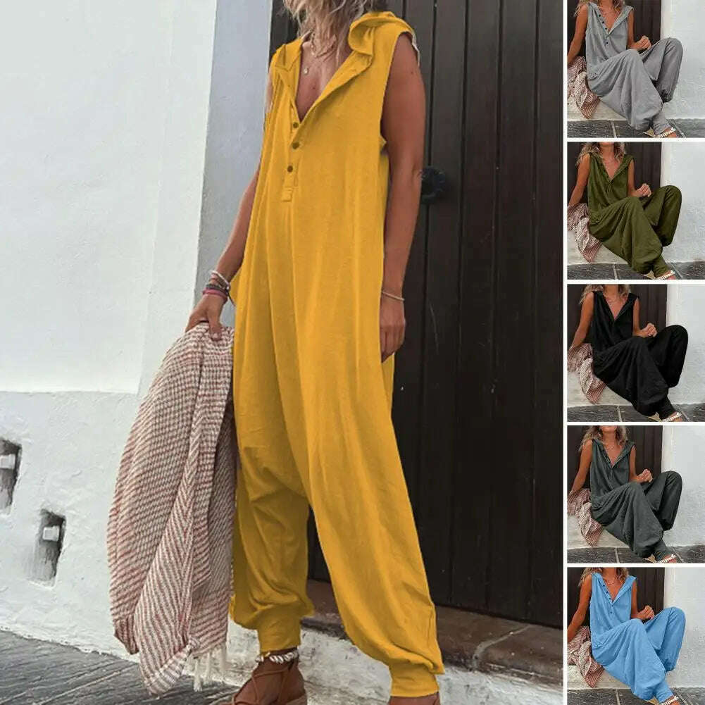 Women Jumpsuit Sleeveless Button Closure Hooded Playsuit Solid Color Loose Summer Jumpsuit Cotton Blend Lady Hooded Jumpsuit - KIMLUD