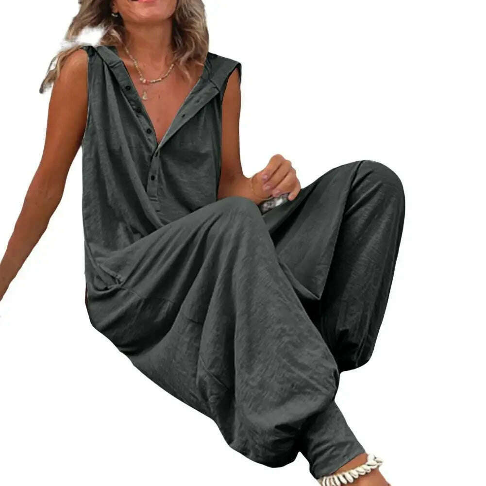 Women Jumpsuit Sleeveless Button Closure Hooded Playsuit Solid Color Loose Summer Jumpsuit Cotton Blend Lady Hooded Jumpsuit - KIMLUD