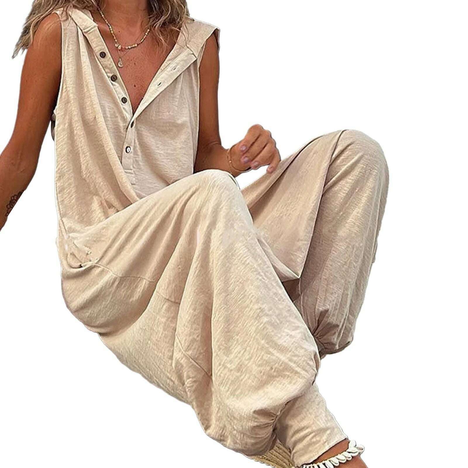 Women Jumpsuit Sleeveless Button Closure Hooded Playsuit Solid Color Loose Summer Jumpsuit Cotton Blend Lady Hooded Jumpsuit - KIMLUD