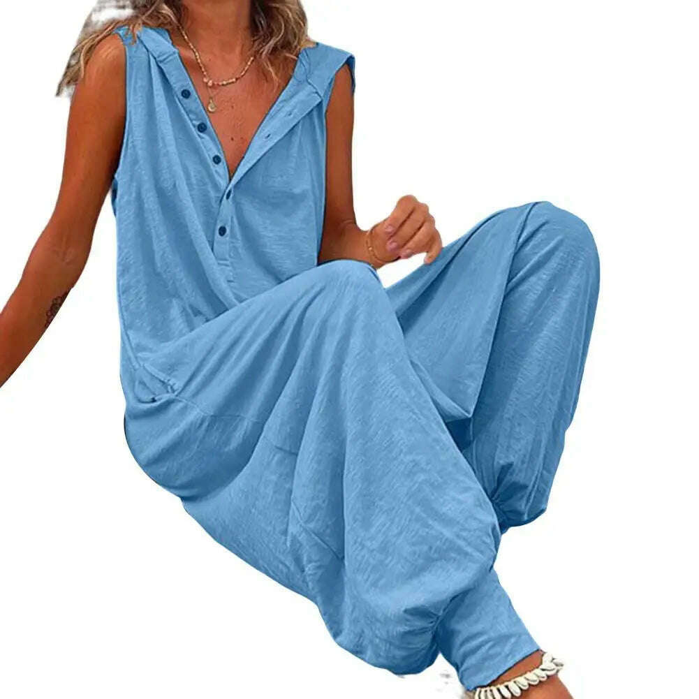 Women Jumpsuit Sleeveless Button Closure Hooded Playsuit Solid Color Loose Summer Jumpsuit Cotton Blend Lady Hooded Jumpsuit - KIMLUD