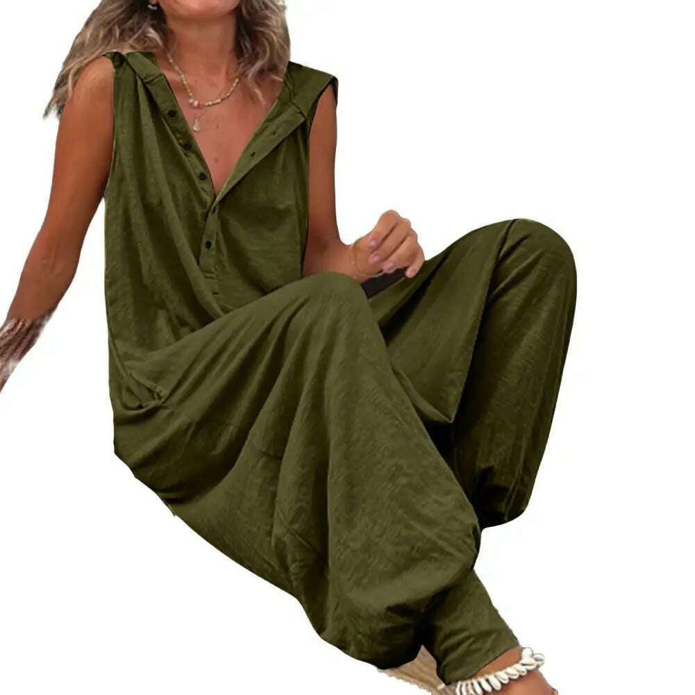 Women Jumpsuit Sleeveless Button Closure Hooded Playsuit Solid Color Loose Summer Jumpsuit Cotton Blend Lady Hooded Jumpsuit - KIMLUD