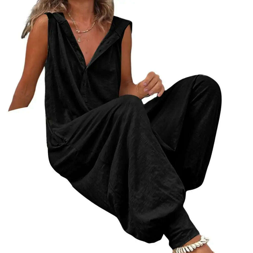 Women Jumpsuit Sleeveless Button Closure Hooded Playsuit Solid Color Loose Summer Jumpsuit Cotton Blend Lady Hooded Jumpsuit - KIMLUD