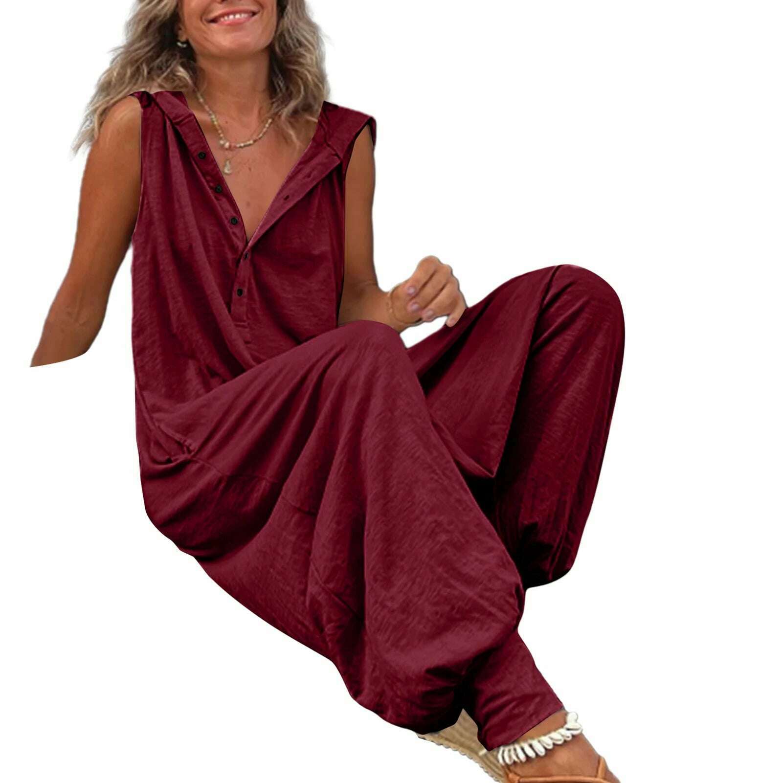 Women Jumpsuit Sleeveless Button Closure Hooded Playsuit Solid Color Loose Summer Jumpsuit Cotton Blend Lady Hooded Jumpsuit - KIMLUD