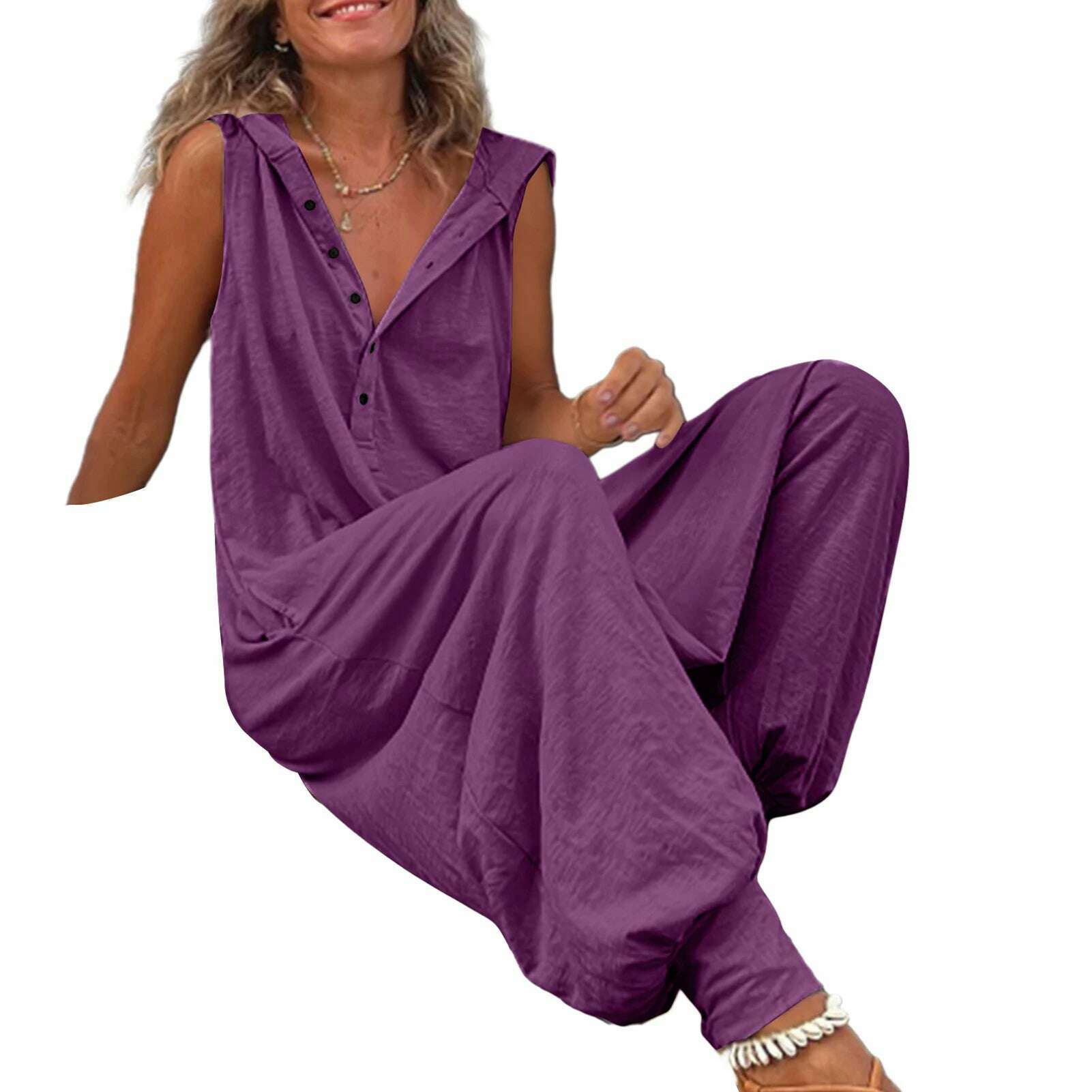 Women Jumpsuit Sleeveless Button Closure Hooded Playsuit Solid Color Loose Summer Jumpsuit Cotton Blend Lady Hooded Jumpsuit - KIMLUD
