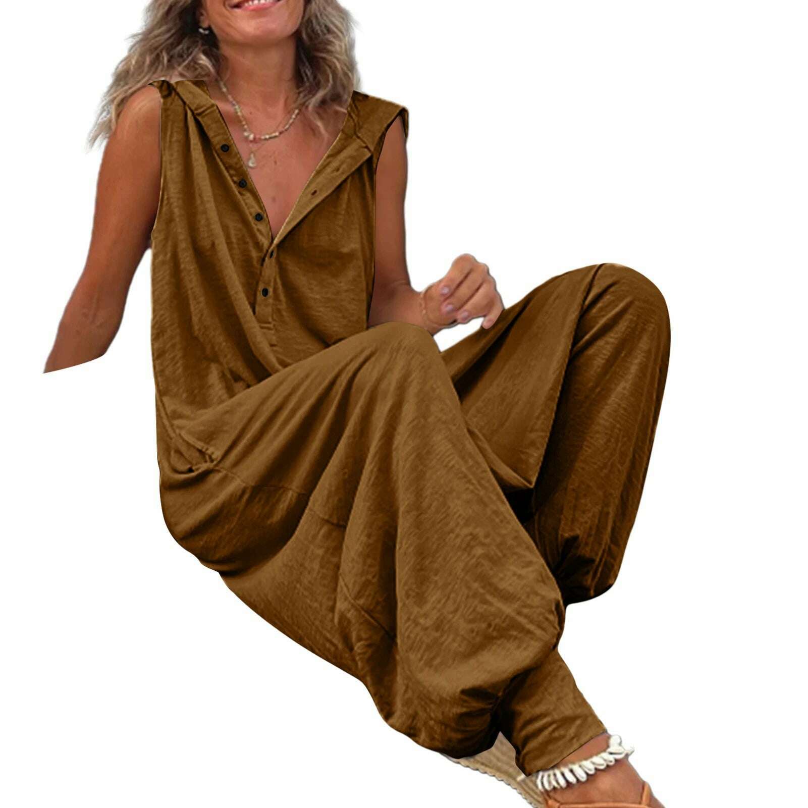 Women Jumpsuit Sleeveless Button Closure Hooded Playsuit Solid Color Loose Summer Jumpsuit Cotton Blend Lady Hooded Jumpsuit - KIMLUD