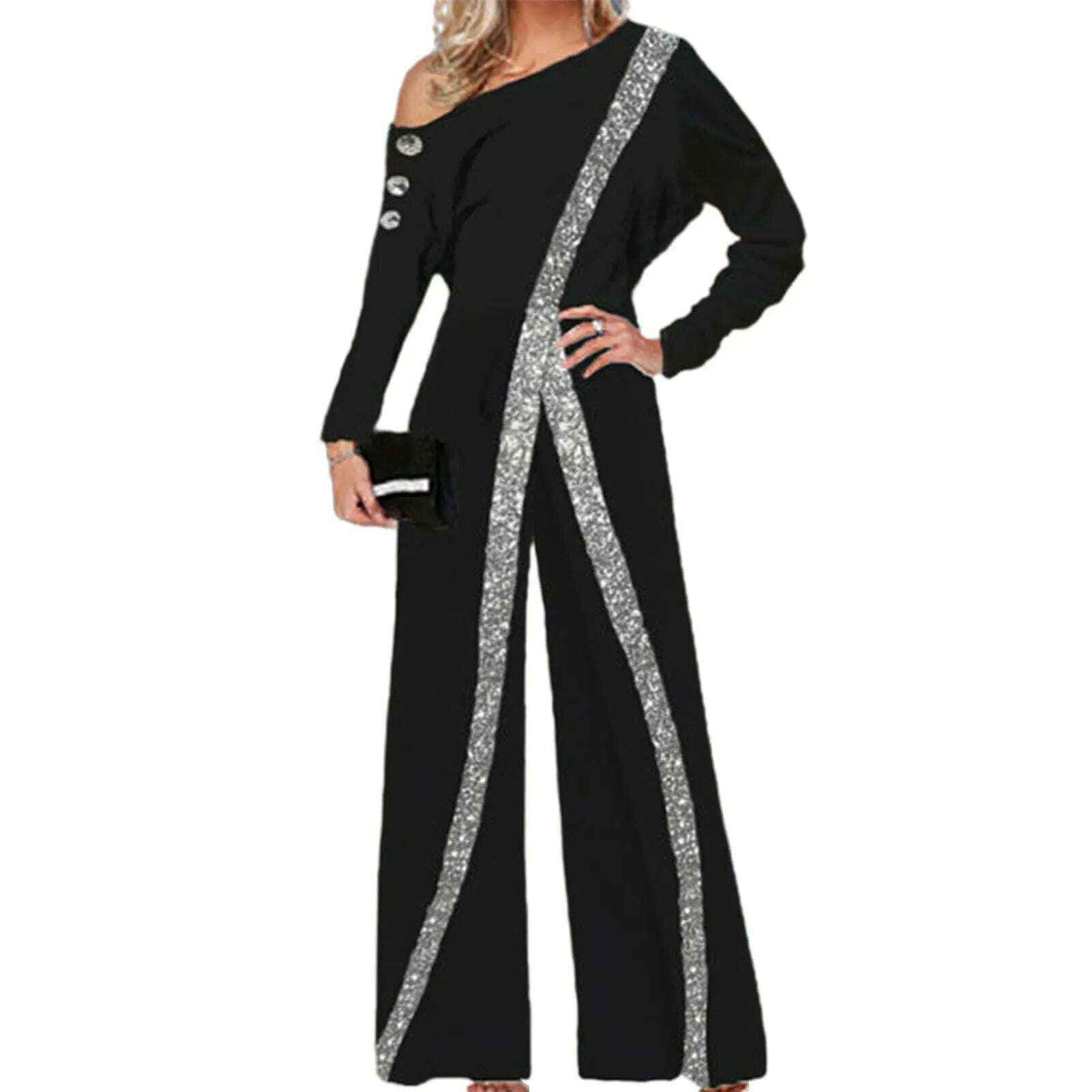 Women Jumpsuit Striped Glitter Sequin Party Jumpsuit Elegant Strapless Romper Lady Spring Autumn Wide Leg Pants боди женское - KIMLUD
