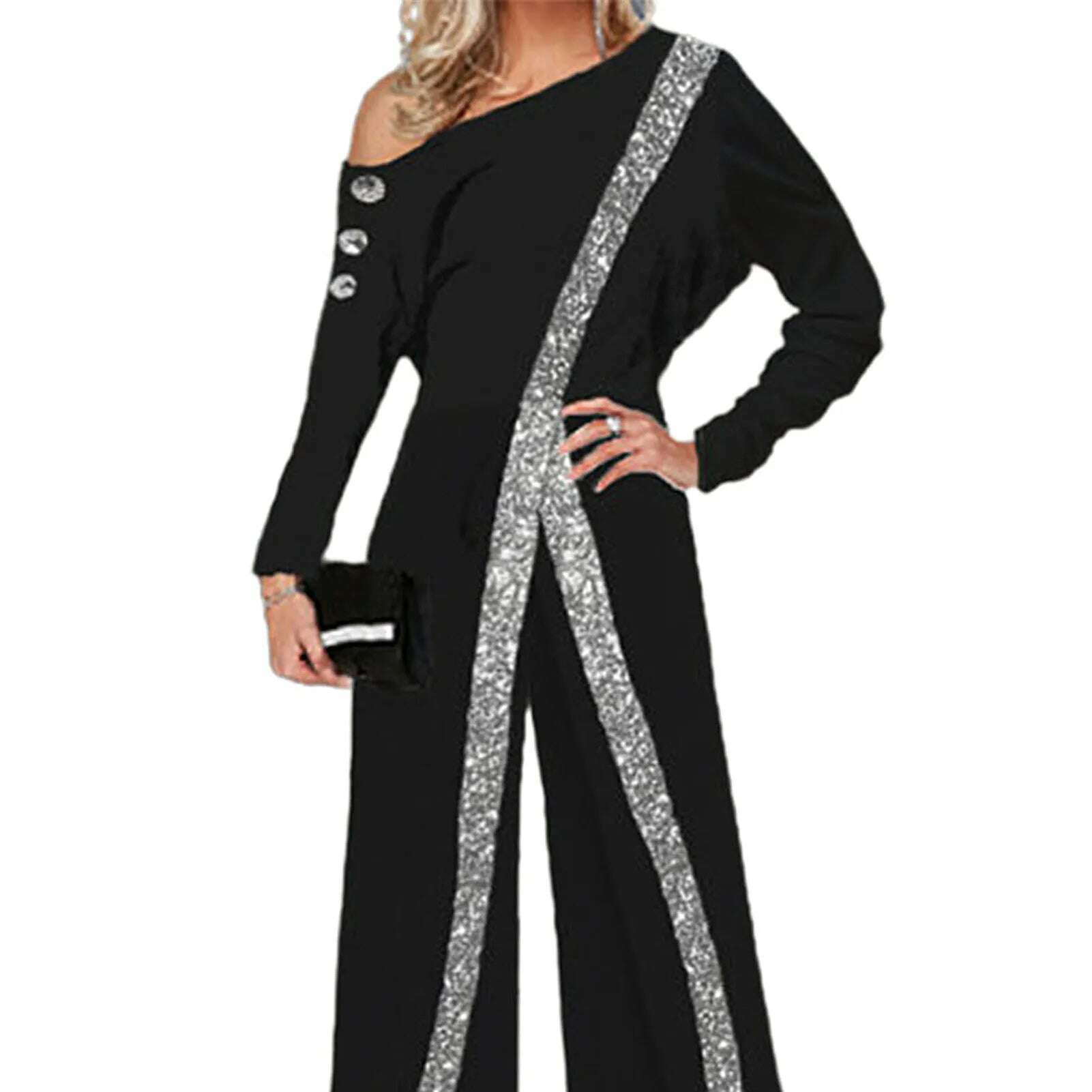 Women Jumpsuit Striped Glitter Sequin Party Jumpsuit Elegant Strapless Romper Lady Spring Autumn Wide Leg Pants боди женское - KIMLUD