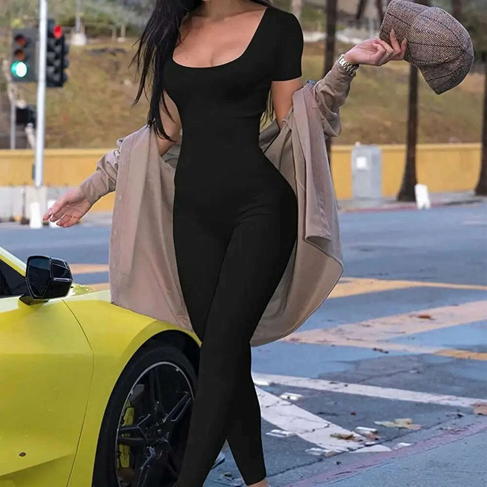 KIMLUD, Women Jumpsuit Stylish Women's Summer Sports Jumpsuit with Short Sleeves U Neck Design Butt-lifted Feature for Gym Jogging, KIMLUD Womens Clothes