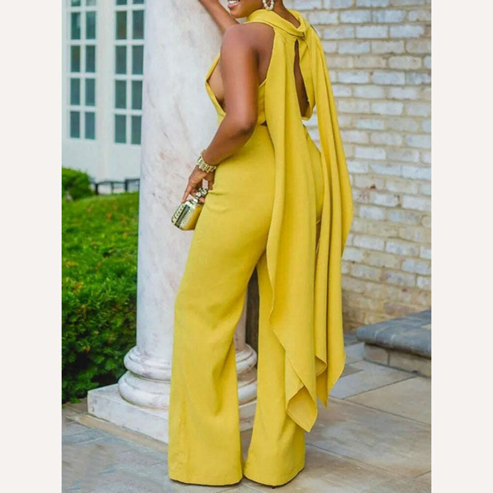 KIMLUD, Women Jumpsuits Sleeveless Summer One-piece Yellow Cut Out Long Backless Slim Fit Wide Leg Overalls Elegant Party Outfits 3XL, KIMLUD Womens Clothes