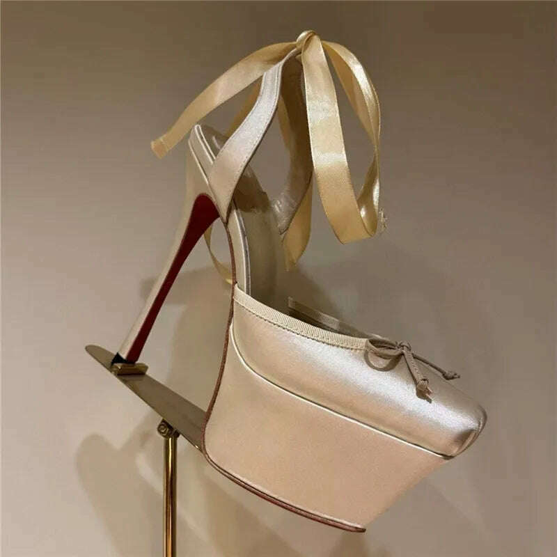 KIMLUD, Women Lace-Up High Heeled Shoes for Woman's Square Toe Thin Heels Platform Pumps Mujer Pleated Slingback Wedding Luxury Sandals, KIMLUD Womens Clothes