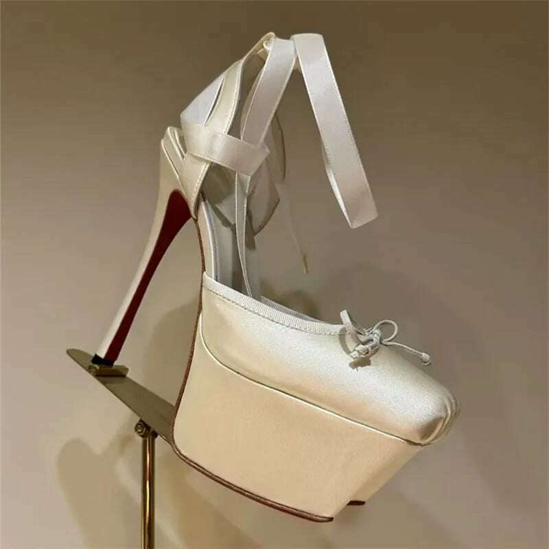 KIMLUD, Women Lace-Up High Heeled Shoes for Woman's Square Toe Thin Heels Platform Pumps Mujer Pleated Slingback Wedding Luxury Sandals, KIMLUD Womens Clothes