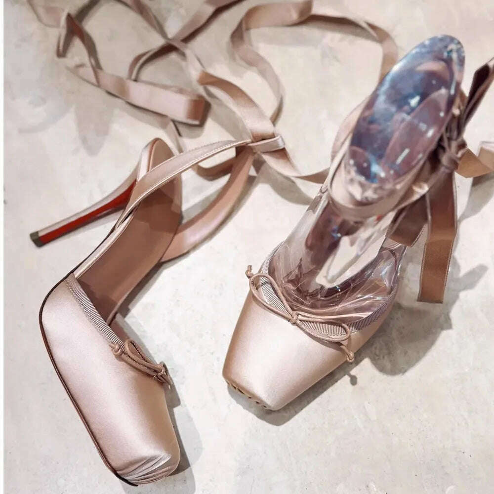 KIMLUD, Women Lace-Up High Heeled Shoes for Woman's Square Toe Thin Heels Platform Pumps Mujer Pleated Slingback Wedding Luxury Sandals, KIMLUD Womens Clothes