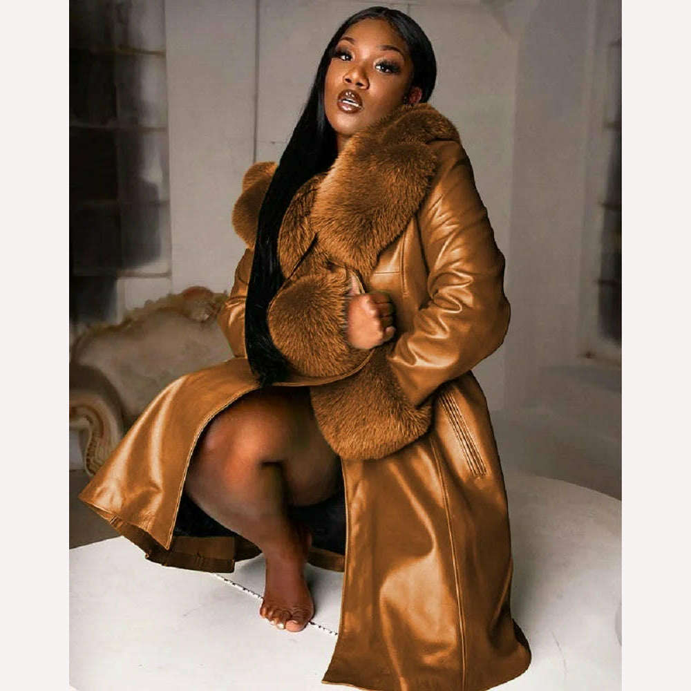 KIMLUD, Women Leather Coat Fur Collar Winter Fashion Lapel Long Sleeve PU Zipper Plus Size Casual Womens Jackets, KIMLUD Womens Clothes