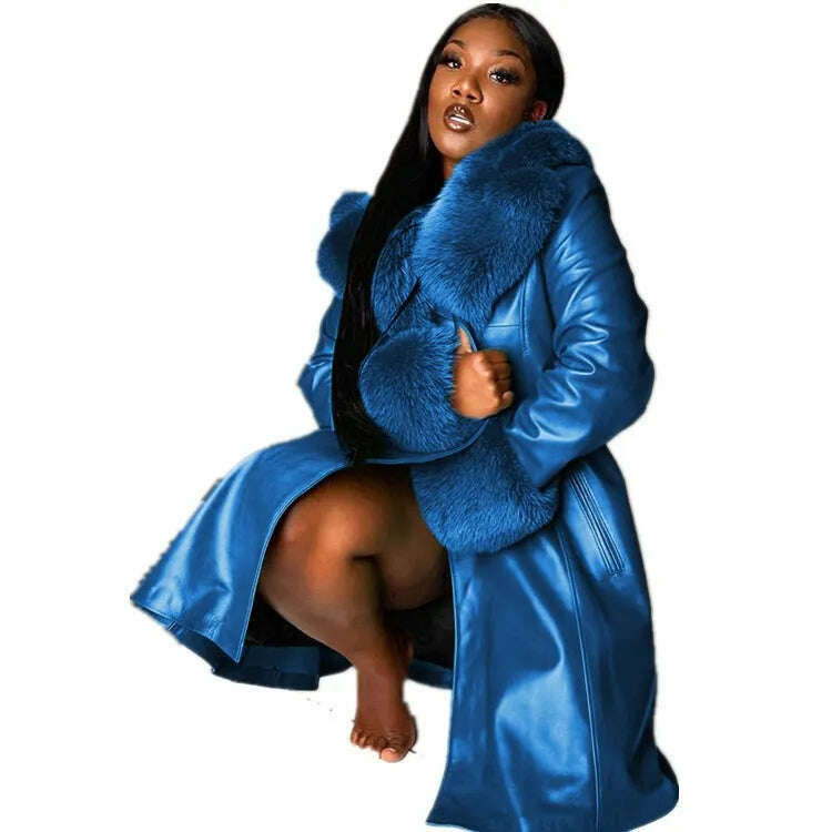 KIMLUD, Women Leather Coat Fur Collar Winter Fashion Lapel Long Sleeve PU Zipper Plus Size Casual Womens Jackets, Blue / S, KIMLUD Women's Clothes