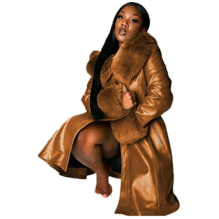 KIMLUD, Women Leather Coat Fur Collar Winter Fashion Lapel Long Sleeve PU Zipper Plus Size Casual Womens Jackets, Brown / S, KIMLUD Women's Clothes