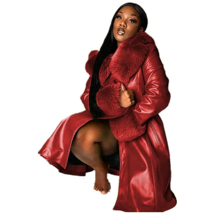 KIMLUD, Women Leather Coat Fur Collar Winter Fashion Lapel Long Sleeve PU Zipper Plus Size Casual Womens Jackets, Red / S, KIMLUD Women's Clothes
