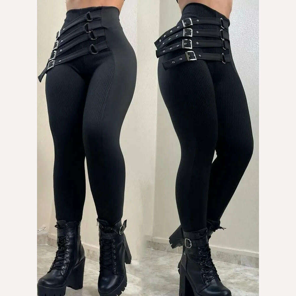 KIMLUD, Women Legging Fashion Slim Fit Black Pants Going Out Spring Trousers High Waist Buckled Skinny Pants, KIMLUD Womens Clothes