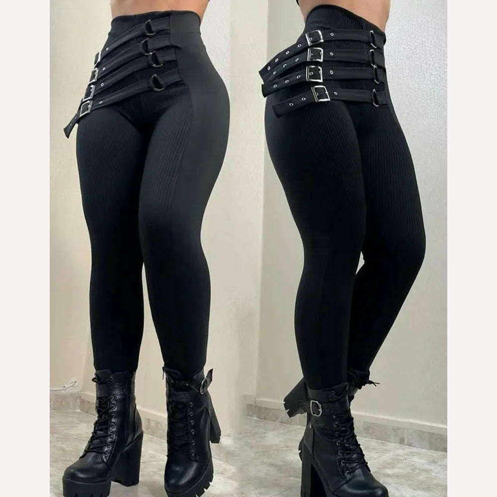 KIMLUD, Women Legging Fashion Slim Fit Black Pants Going Out Spring Trousers High Waist Buckled Skinny Pants, black / S, KIMLUD APPAREL - Womens Clothes