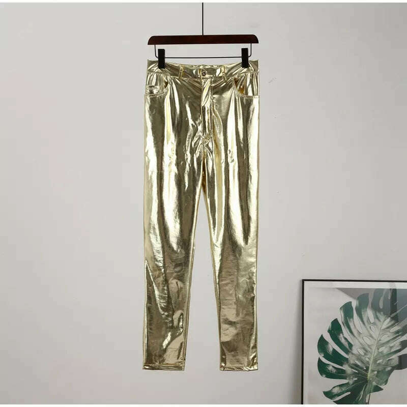 KIMLUD, Women Leggings Faux Leather Pants Autumn Winter Gold Silver Fashion Lady Trousers Sexy Skinny Tight Pocket Button Female Pants, Gold / S, KIMLUD Womens Clothes