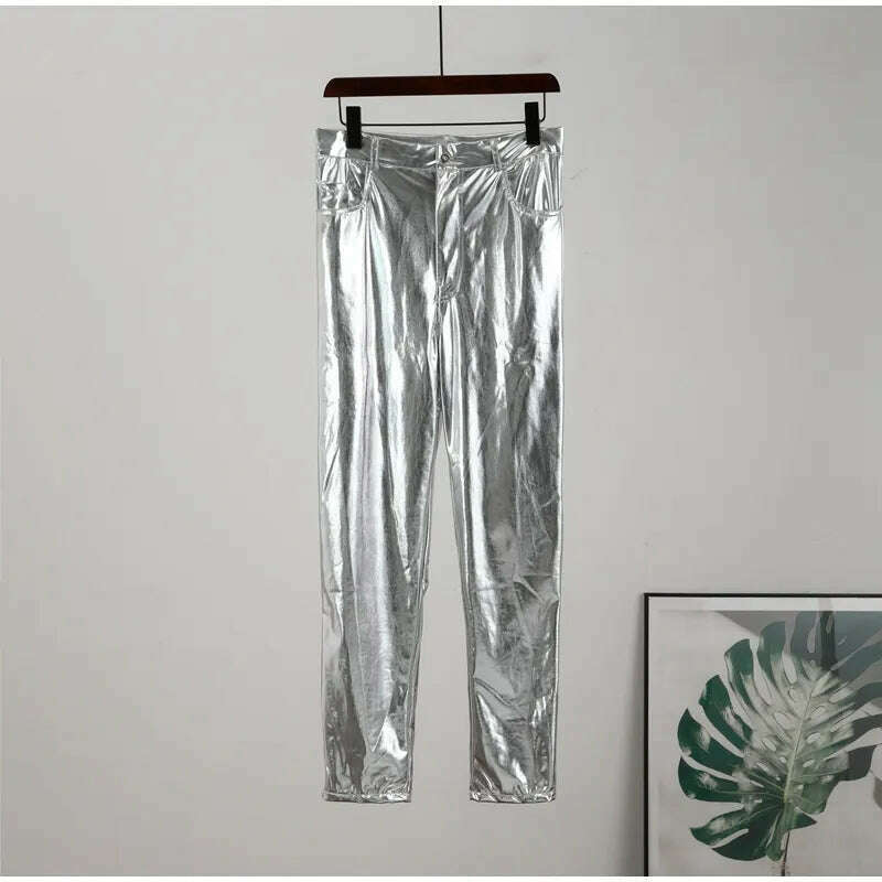 Women Leggings Faux Leather Pants Autumn Winter Gold Silver Fashion Lady Trousers Sexy Skinny Tight Pocket Button Female Pants - KIMLUD