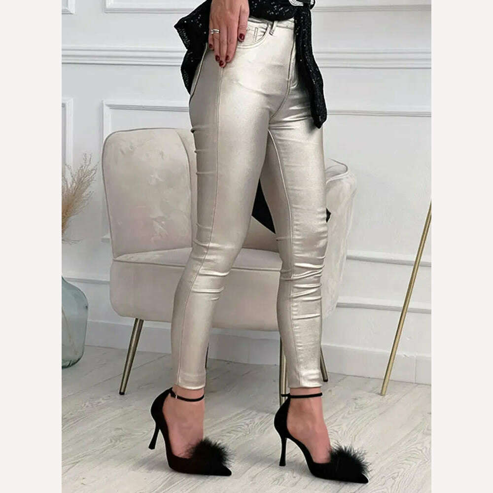 KIMLUD, Women Leggings Faux Leather Pants Autumn Winter Gold Silver Fashion Lady Trousers Sexy Skinny Tight Pocket Button Female Pants, KIMLUD Womens Clothes