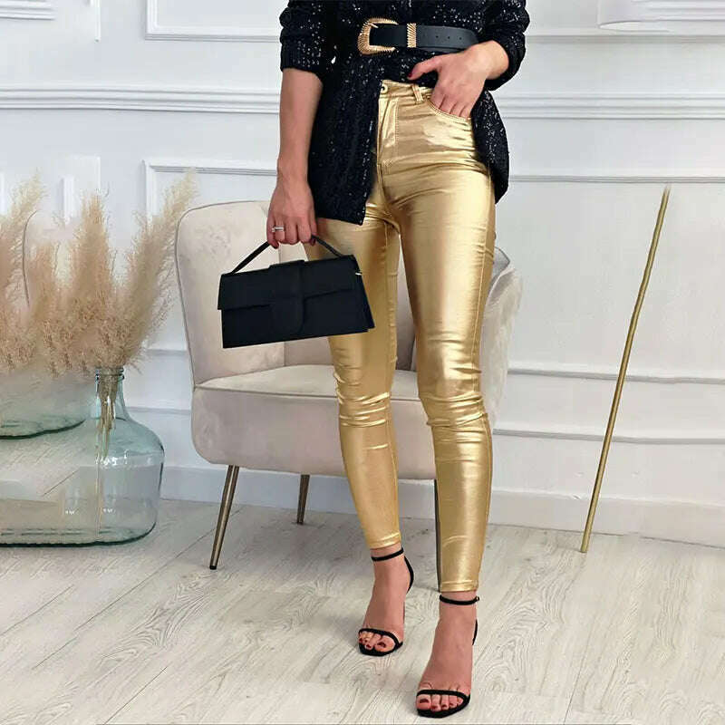 KIMLUD, Women Leggings Faux Leather Pants Autumn Winter Gold Silver Fashion Lady Trousers Sexy Skinny Tight Pocket Button Female Pants, KIMLUD Womens Clothes