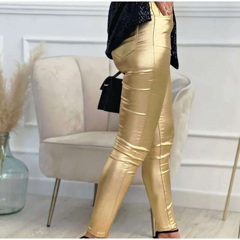 KIMLUD, Women Leggings Faux Leather Pants Autumn Winter Gold Silver Fashion Lady Trousers Sexy Skinny Tight Pocket Button Female Pants, KIMLUD Womens Clothes