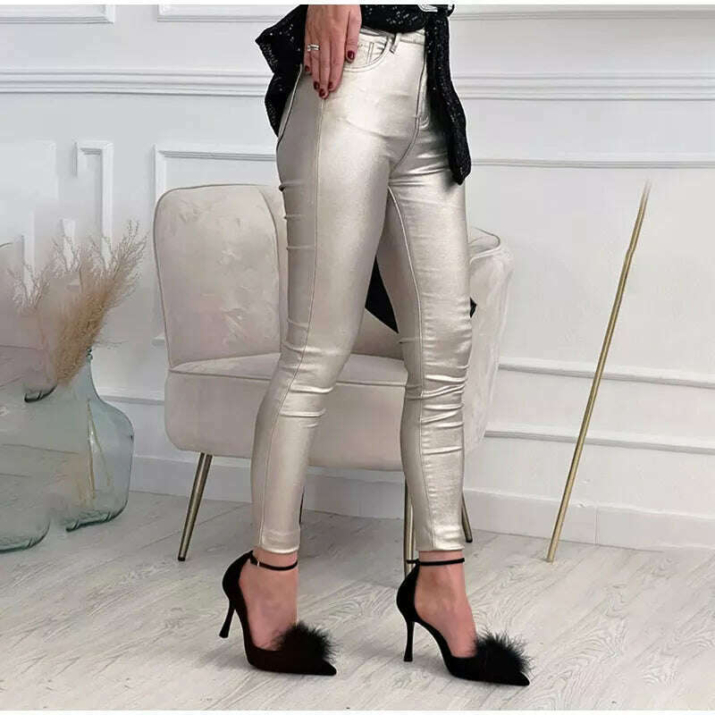 KIMLUD, Women Leggings Faux Leather Pants Autumn Winter Gold Silver Fashion Lady Trousers Sexy Skinny Tight Pocket Button Female Pants, KIMLUD Womens Clothes