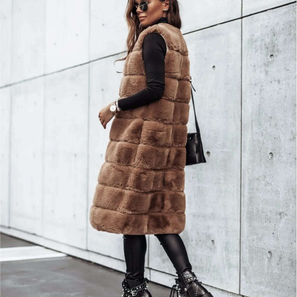 Women Long Faux Fur Autumn Winter Long Round Neck Fur Vests Coat Overcoat Sleeveless High Waist Solid Color - KIMLUD